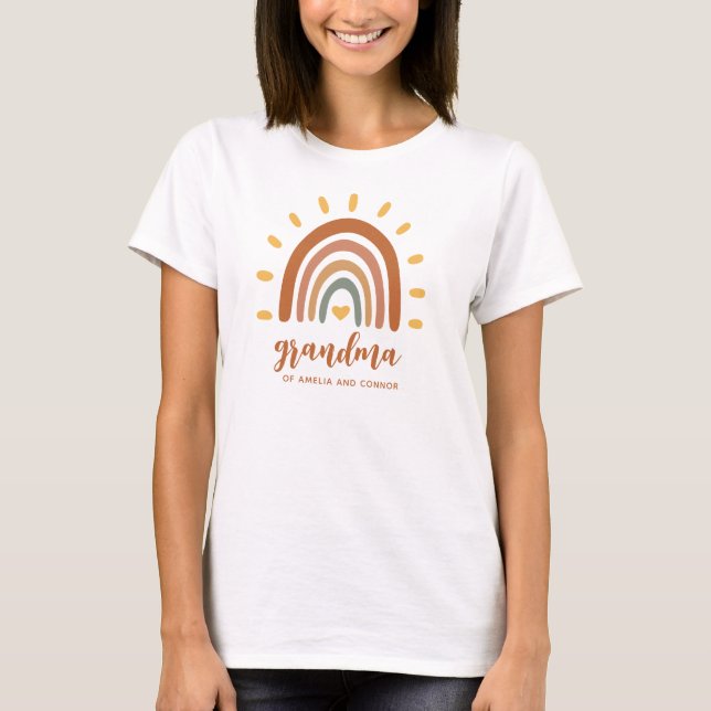 Grandma Custom Name Boho Earth Tone Rainbow Sun T-Shirt (Front)