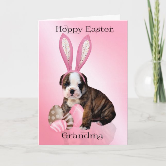 Grandma Cute Easter Bulldog Puppy With Eggs Holiday Card (Front)