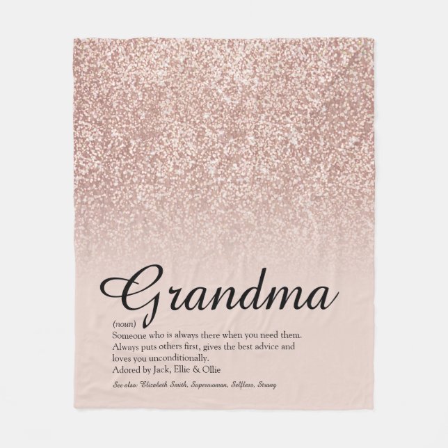 Grandma Definition Script Rose Gold Glitter Fleece Blanket (Front)