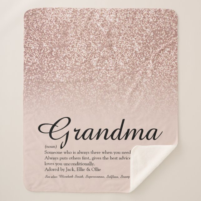 Grandma Definition Script Rose Gold Glitter Sherpa Blanket (Front)