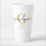 Grandma Elegant Script Monogram Golden Ochre Latte Mug<br><div class="desc">Latte mug for a new grandma or long established gran, which you can personalise with the date they became a grandmother. This trendy minimalist design has a subtle colour palette of golden ochre, black and white. It has a Grandma monogram, with the initial letter G and the name grandma, lettered...</div>