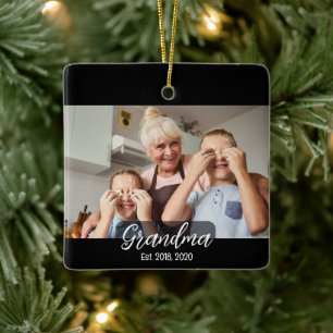 Grandma Est. White script photo Ceramic Ornament