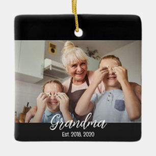 Grandma Est. White script photo Ceramic Ornament