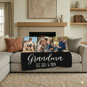 Grandma Established Black 3 Photo White Script Fleece Blanket