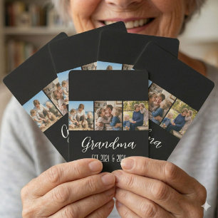 Grandma Established Black 3 Photo White Script Playing Cards
