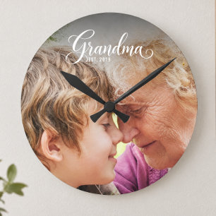 Grandma Established Black Elegant Script Photo Round Clock