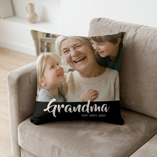 Grandma Established Black Modern Script Photo Cushion (Grandma Established Script Photo Pillow)