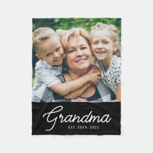 Grandma Established Black Modern Script Photo Fleece Blanket