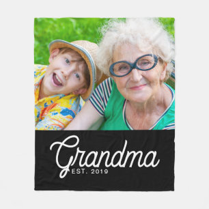 Grandma Established Black Modern Script Photo Fleece Blanket