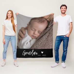 Grandma Established Black Modern Script Photo Fleece Blanket