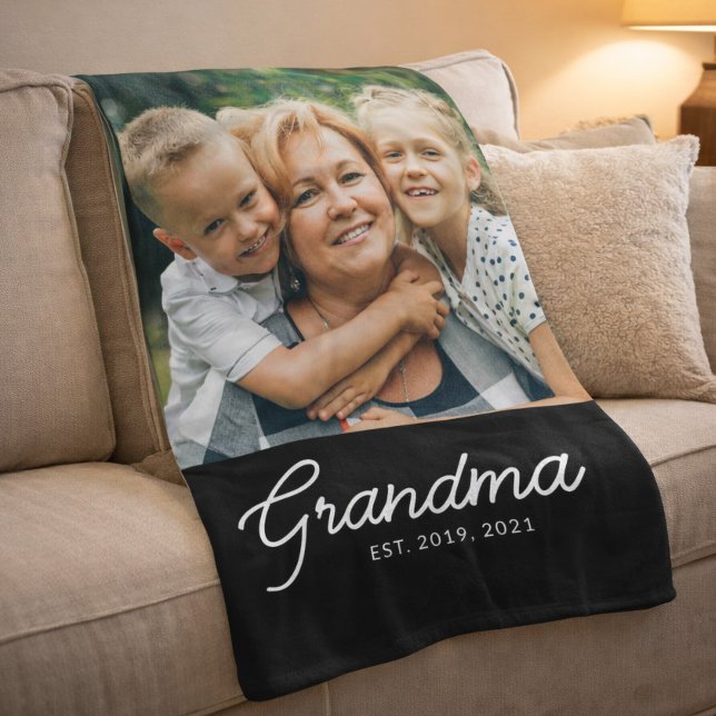 Grandma Established Black Modern Script Photo Fleece Blanket (Creator Uploaded)
