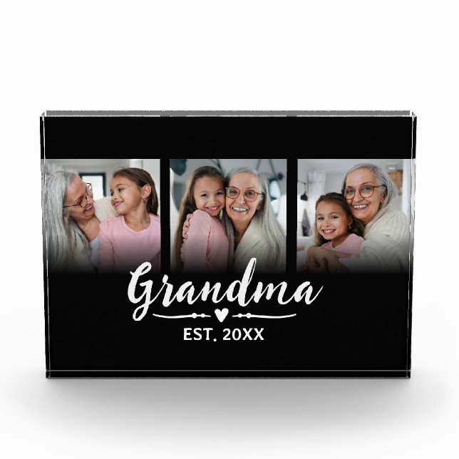 Grandma Established Black Script 3 Photo Block (Front)