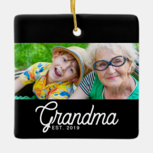 Grandma Established Black White Script Photo Ceramic Ornament