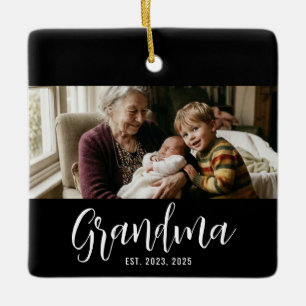 Grandma Established Black White Script Photo Ceramic Ornament