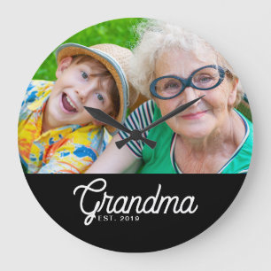 Grandma Established Black White Script Photo Large Clock