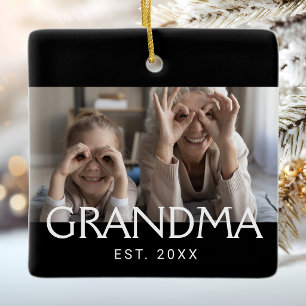 Grandma Established Black White Typography Photo Ceramic Ornament