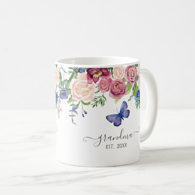 Grandma Established Burgundy Floral Watercolor Coffee Mug (Front Right)