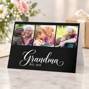Grandma Established Elegant Black Script 3 Photo Card