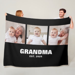 Grandma Established Elegant Bold Black 3 Photo Fleece Blanket