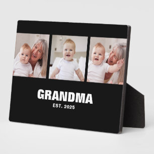 Grandma Established Elegant Bold Black 3 Photo Plaque