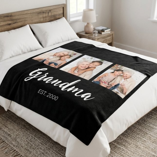 Grandma Established Elegant Script Black 3 Photo Fleece Blanket (Creator Uploaded)