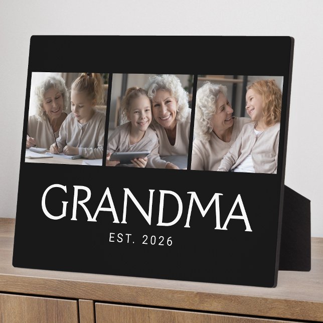 Grandma Established Elegant Script Black 3 Photo Plaque (Creator Uploaded)