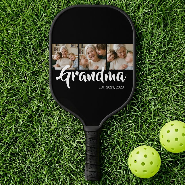 Grandma Established Modern Bold Script 3 Photo Pickleball Paddle (Grandma Established Modern Bold Script 3 Photo Pickleball Paddle)