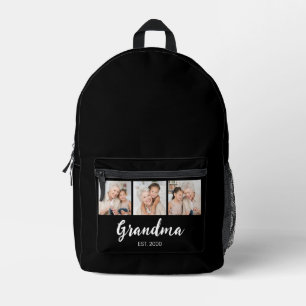 Grandma Established Modern Script 3 Photo Black Printed Backpack
