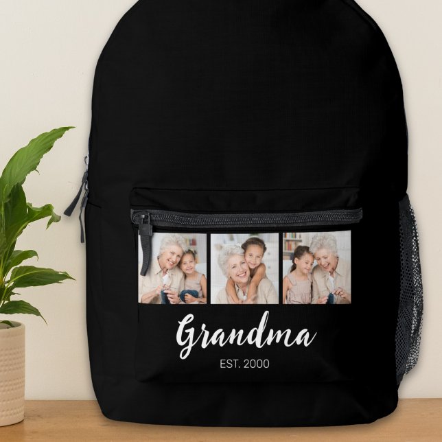 Grandma Established Modern Script 3 Photo Black Printed Backpack (Creator Uploaded)