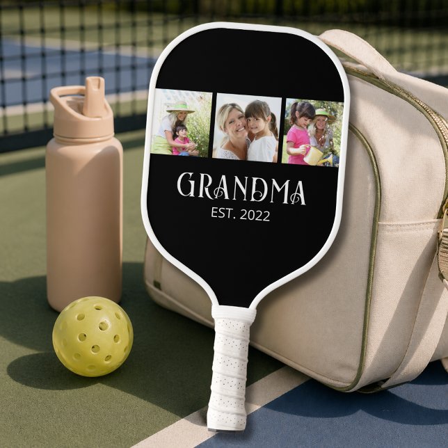 Grandma Established Modern Script 3 Photo Pickleball Paddle (Creator Uploaded)
