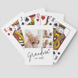 Grandma Established Modern Script 3 Photo Playing Cards