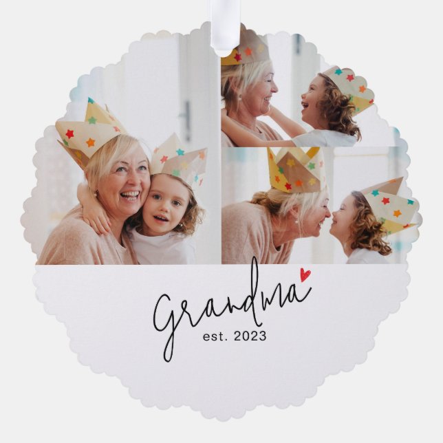 Grandma Established Modern Script 3 Photo Tree Decoration Card (Back)