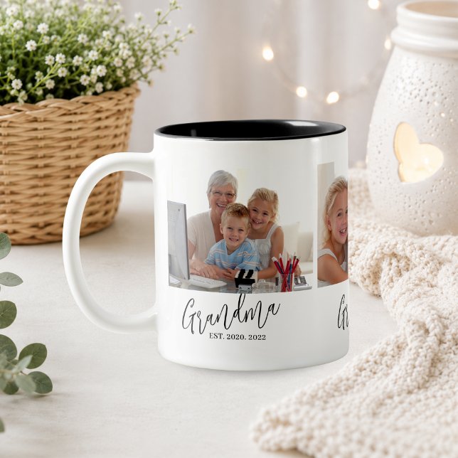 Grandma Established Modern Script 3 Photo Two-Tone Coffee Mug (grandma est for her nana black and white first time year established grandma fun modern saying)
