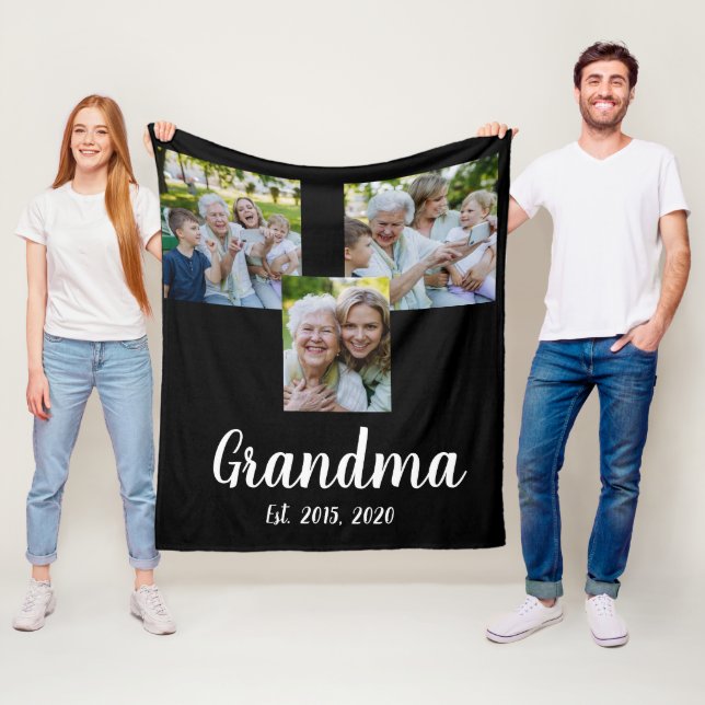 Grandma Established Modern Script Black 3 Photo Fleece Blanket (In Situ)