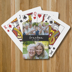 Grandma Established Modern Script Black 3 Photo Playing Cards