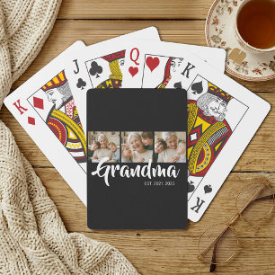 Grandma Established Modern Script Black 3 Photo Playing Cards