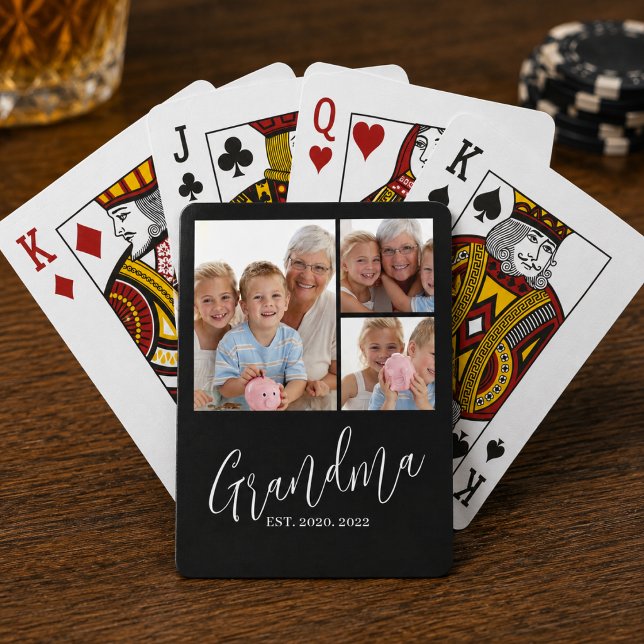 Grandma Established Modern Script Black 3 Photo Playing Cards (Creator Uploaded)