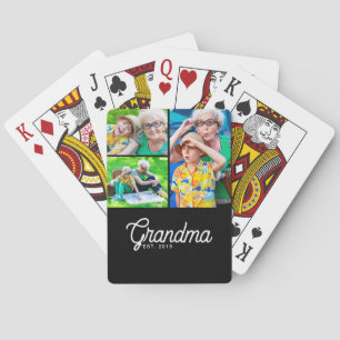Grandma Established Modern Script Black 3 Photo Playing Cards