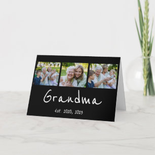 Grandma Established Modern Script Black 3 Photo Thank You Card