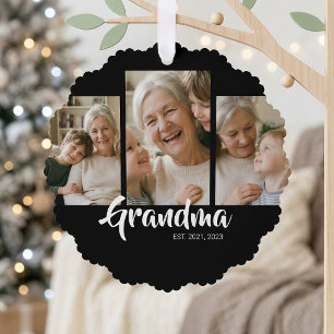 Grandma Established Modern Script Black 3 Photo Tree Decoration Card