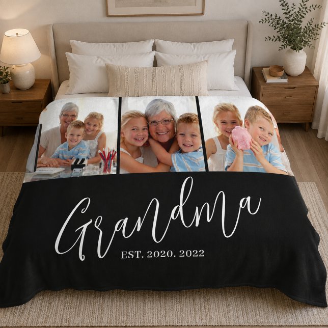 Grandma Established Modern Script Modern 3 Photo Fleece Blanket (Creator Uploaded)