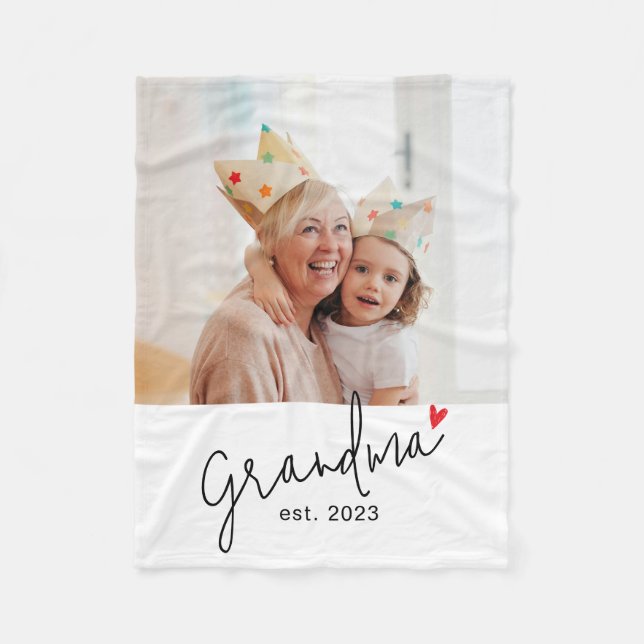 Grandma Established Modern Script Photo Fleece Blanket (Front)