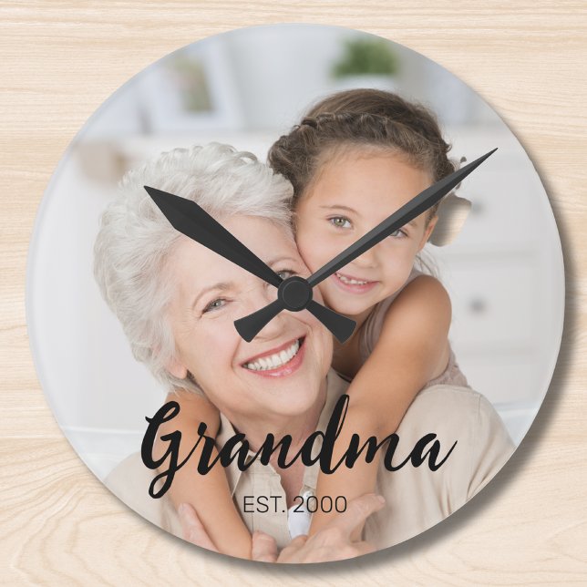 Grandma Established Modern Script Photo Round Clock (Creator Uploaded)