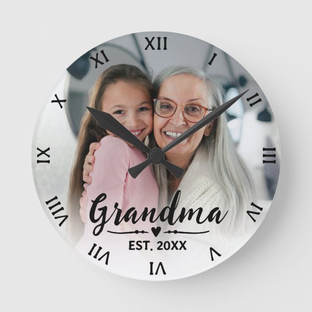 Grandma Established Modern Script Photo Round Clock (Front)