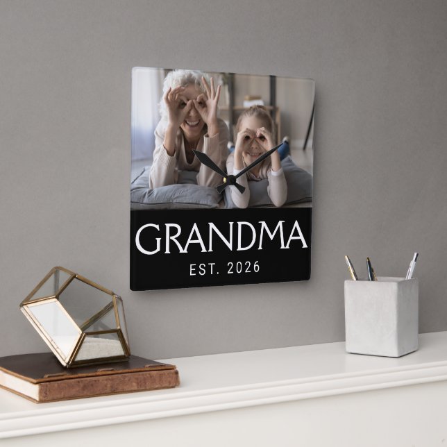Grandma Established Modern White Typography Photo Square Wall Clock (Office)