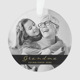 Grandma Established   Photo Heart Black and Gold Ornament