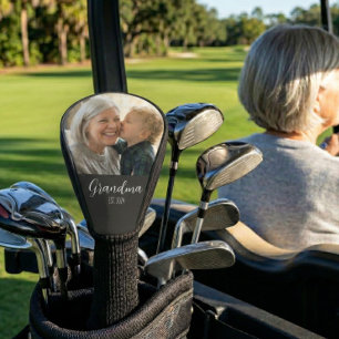 Grandma Established Photo White Script Text Golf Head Cover