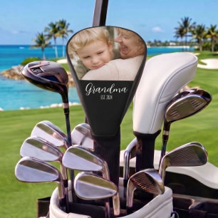 Grandma Established Photo White Script Text Golf Head Cover