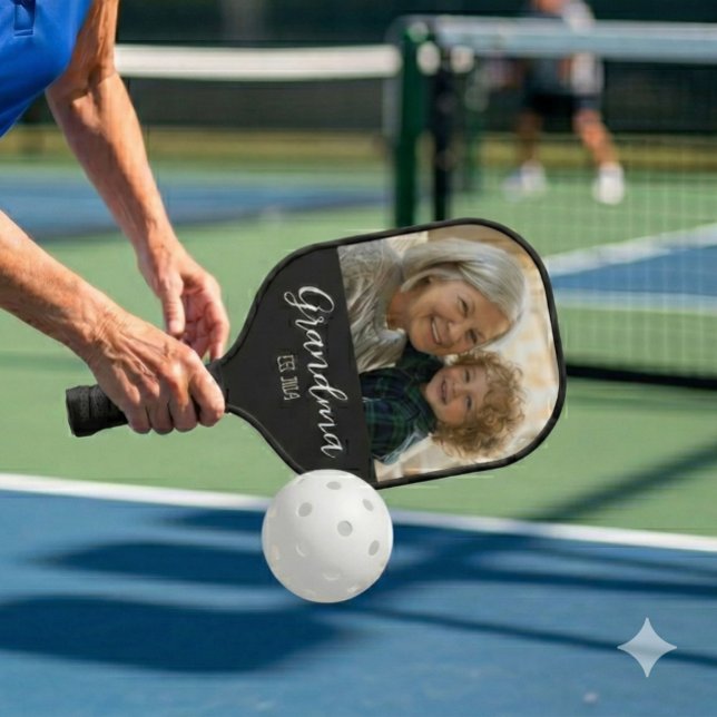 Grandma Established Photo White Script Text  Pickleball Paddle (Creator Uploaded)