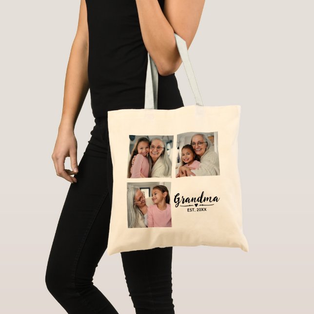 Grandma Established Script Black 3 Photo Budget Tote Bag (Front (Product))